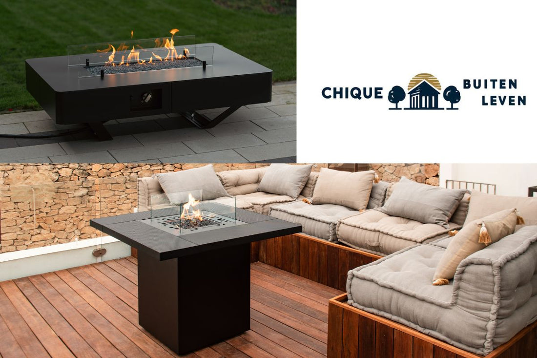 Stijlvolle tuin met twee vuurtafels buiten: de Square Vuurtafel en Rio Luxe, perfect voor warmte en sfeer in een elegante buitenomgeving.