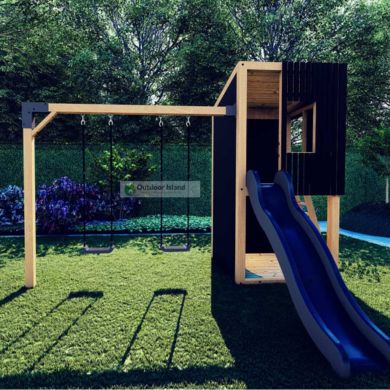 Speelhuisje met glijbaan, gemaakt van duurzaam Douglas hout, ideaal voor kinderen om buiten te spelen en te genieten van een natuurlijke omgeving.