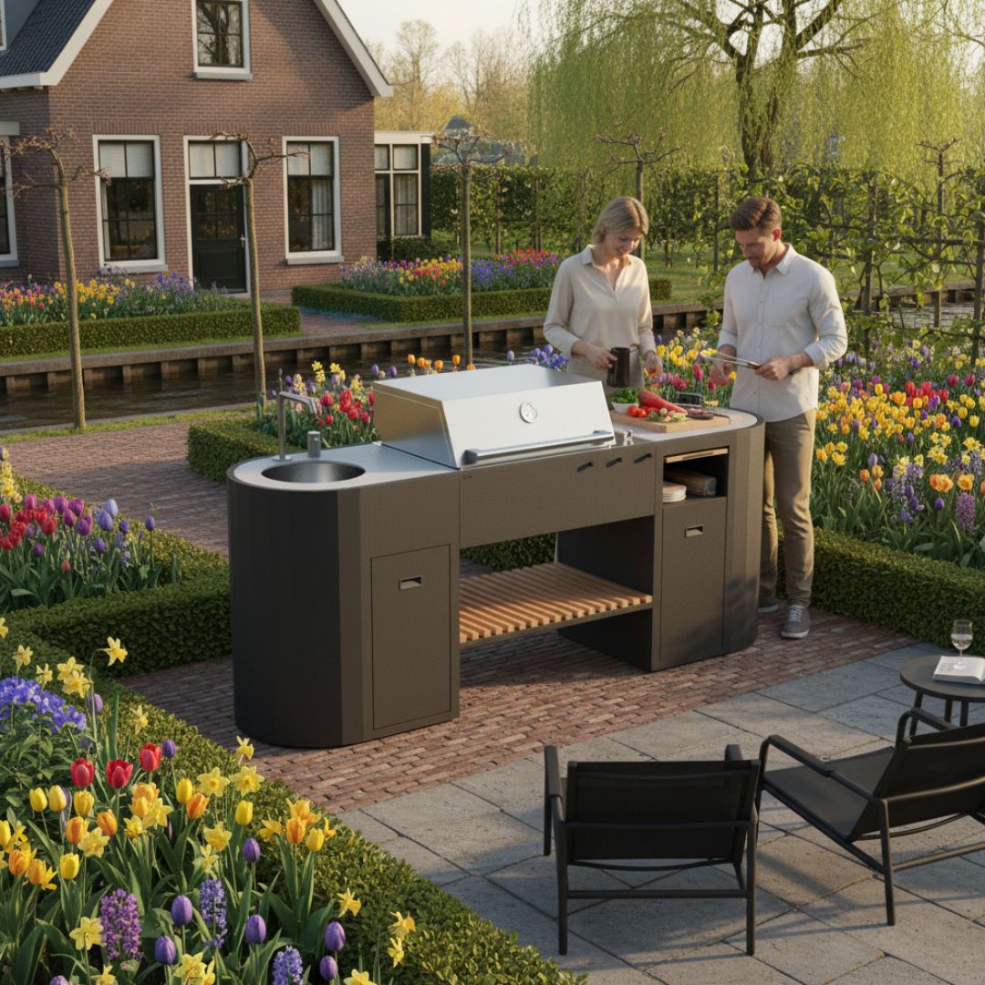 Q-boo buitenkeuken met gas BBQ in moderne Nederlandse tuin met terras