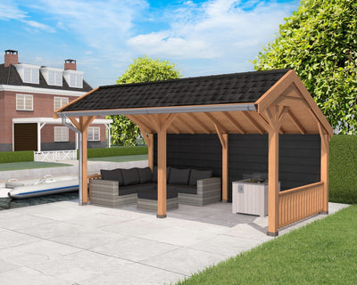 Douglas kapschuur overkapping met asymmetrisch zadeldak, gemaakt van robuust Douglas hout – ideaal voor tuinlounge, opslag of buitenkeuken