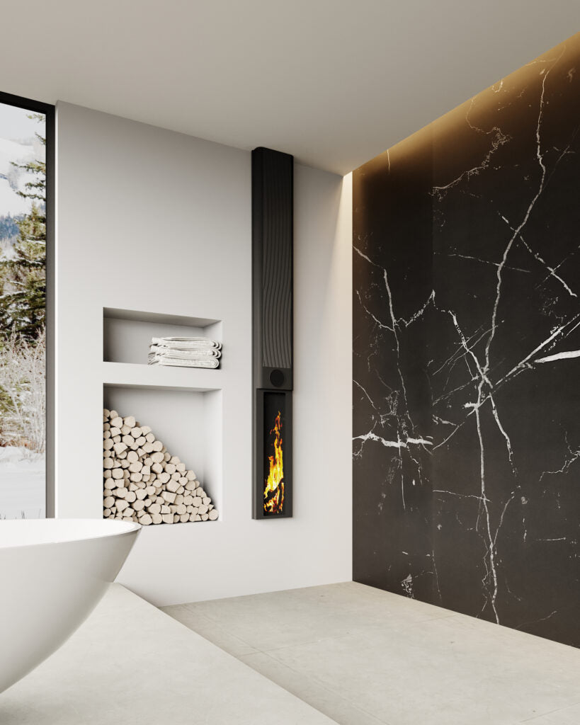 Elektrische infrarood verwarming van Infralia in een moderne binnenruimte, straalt gerichte warmte uit met strak en elegant design.