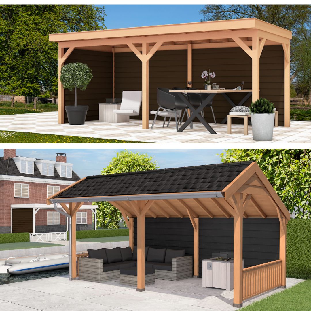 Vrijstaande Douglas houten overkapping bouwpakket in een tuin, met duurzame constructie en natuurlijke uitstraling. Perfect voor een stijlvolle en tijdloze buitenruimte.