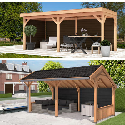 Vrijstaande Douglas houten overkapping bouwpakket in een tuin, met duurzame constructie en natuurlijke uitstraling. Perfect voor een stijlvolle en tijdloze buitenruimte.