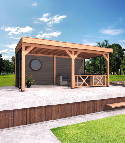 Luxe Douglas houten overkapping met plat dak in moderne tuin, volledig uitgevoerd als bouwpakket – duurzame en stijlvolle buitenruimte van YARD Outdoor