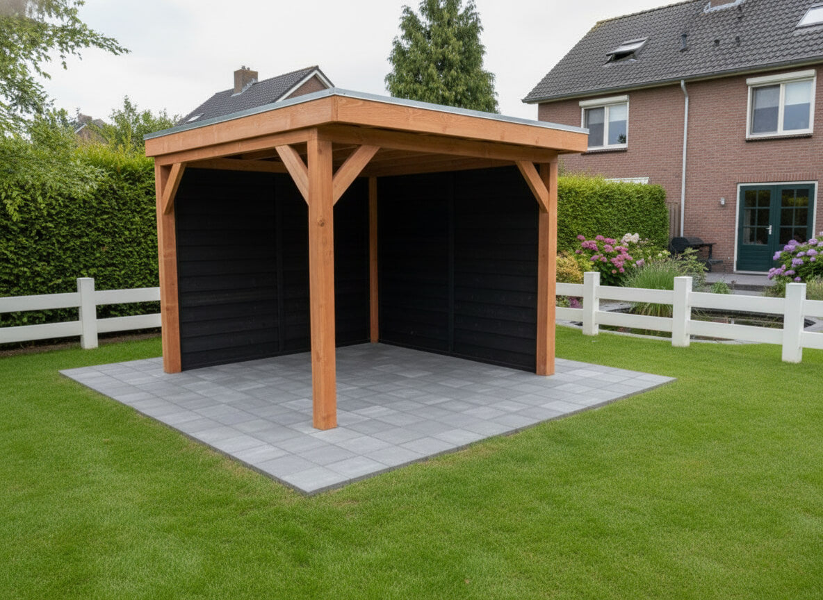 Moderne Douglas overkapping 300x200 cm met zwarte wanden in een stijlvolle Nederlandse tuin