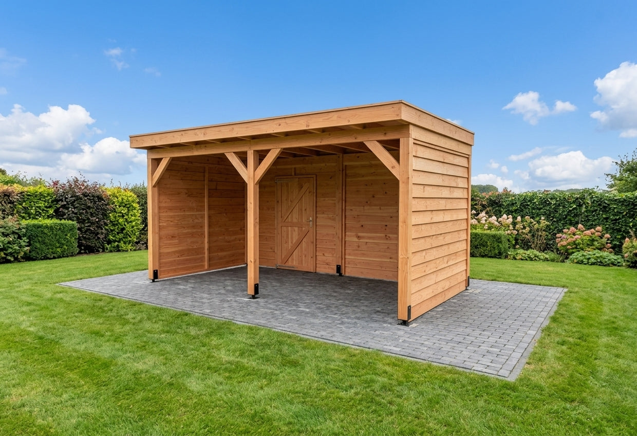 Douglas Overkapping Op Maat 500 x 300 cm met Naturel Rabatwanden en Deur in Achterwand