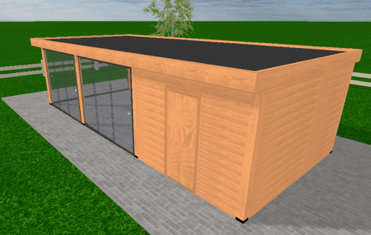 Douglas overkapping 900x400 met onbehandelde wanden en glazen schuifwanden | YARD Outdoor