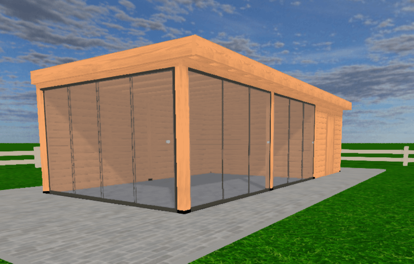Douglas overkapping 900x400 met onbehandelde wanden en glazen schuifwanden | YARD Outdoor