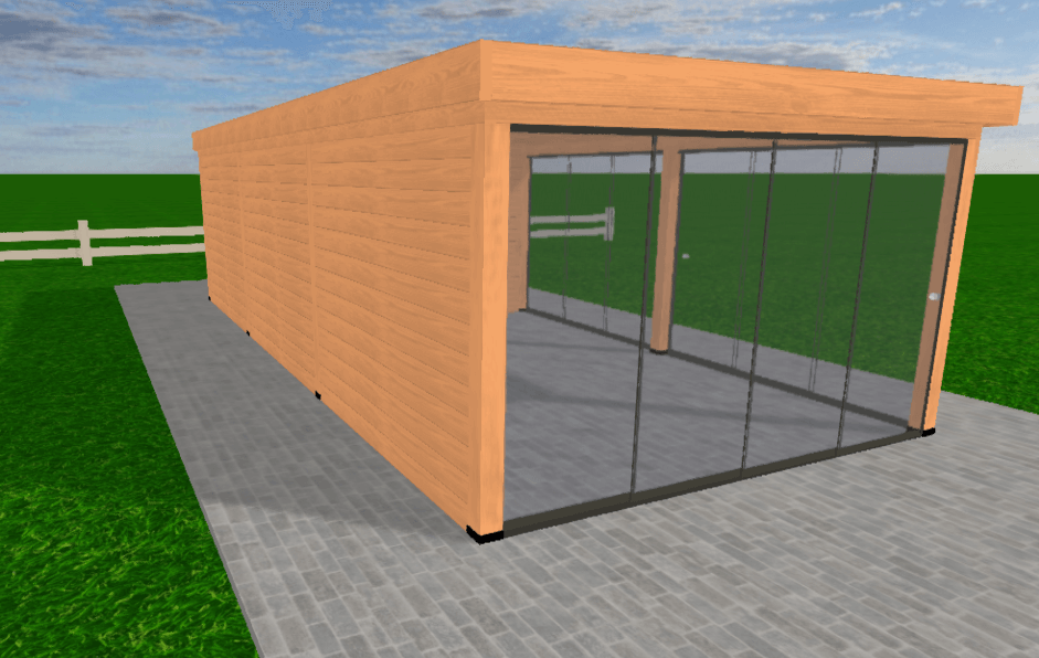 Douglas overkapping 900x400 met onbehandelde wanden en glazen schuifwanden | YARD Outdoor