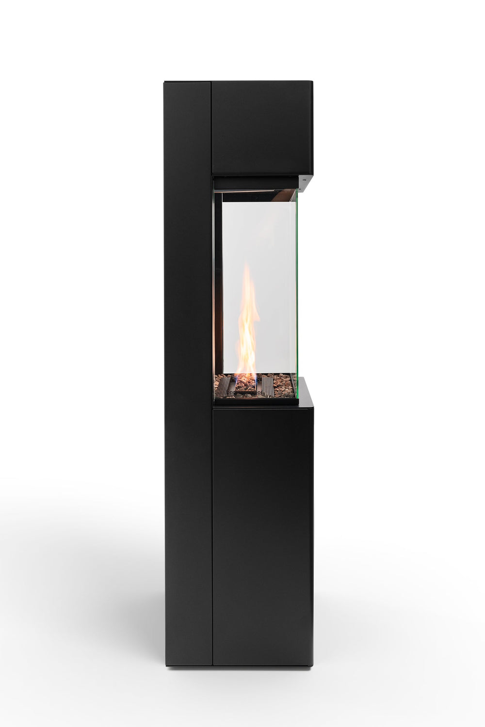 Seitenansicht des Planika Arcticon Bioethanol-Kamins im schlanken, schwarzen Stahldesign