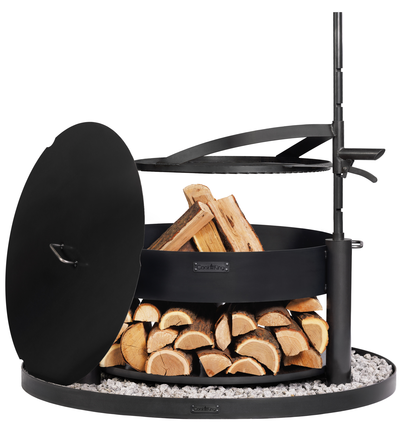 Vuurschaal MONTANA X 80 cm set met grillrooster, deksel en ronde stenen basis 100 cm | CookKing