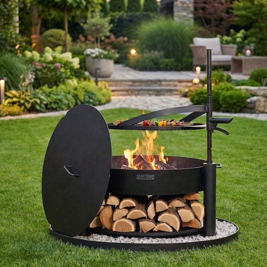 Vuurschaal MONTANA X 80 cm set met grillrooster, deksel en ronde stenen basis 100 cm | CookKing