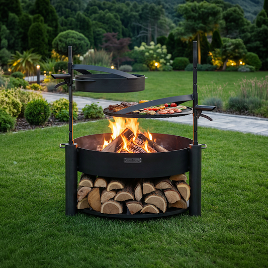 Vuurschaal MONTANA X 80 cm met grillrooster 60 cm, extra mast en stalen pan 50 cm | CookKing