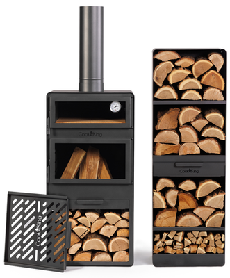 Set: Tuinkachel VENTO met bakoven en dubbel gehard glas, incl. grillrooster en houtrek 120×40×30 cm | CookKing