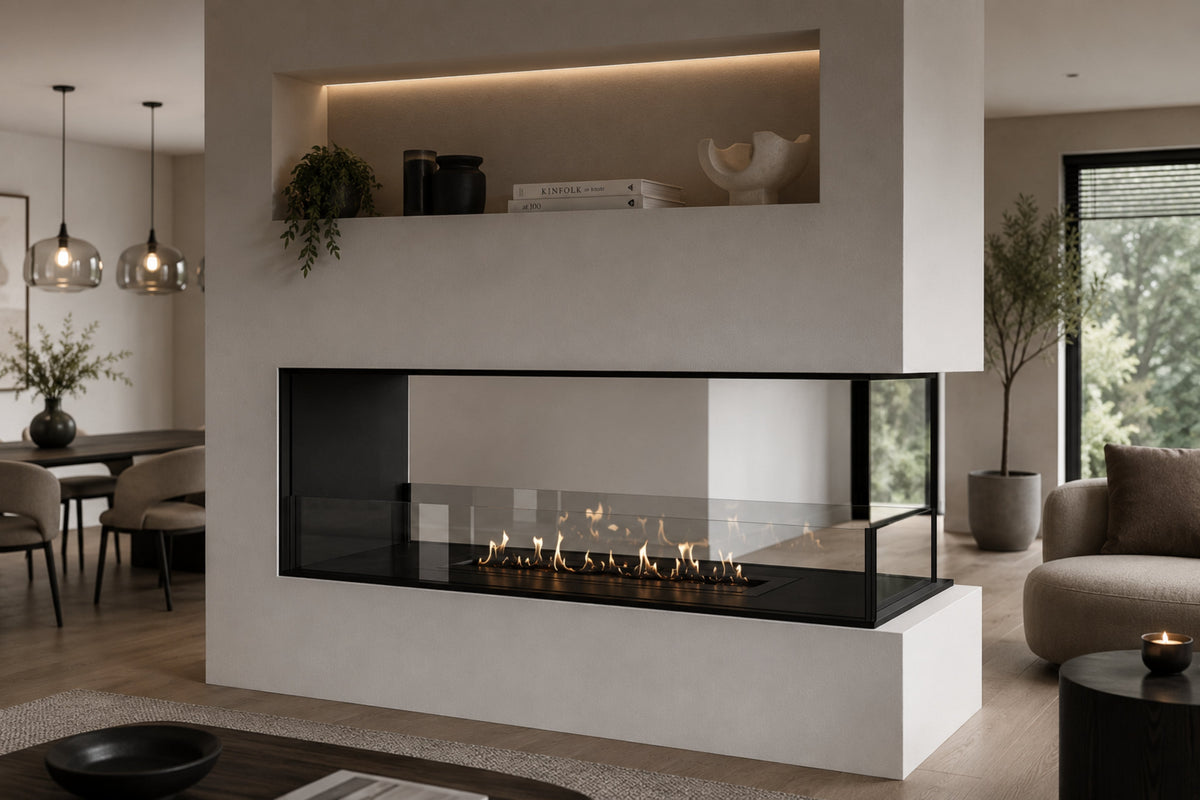 Wild Flame Saint U-vorm driezijdige bio-ethanol inbouwhaard 140 cm – sfeerfoto
