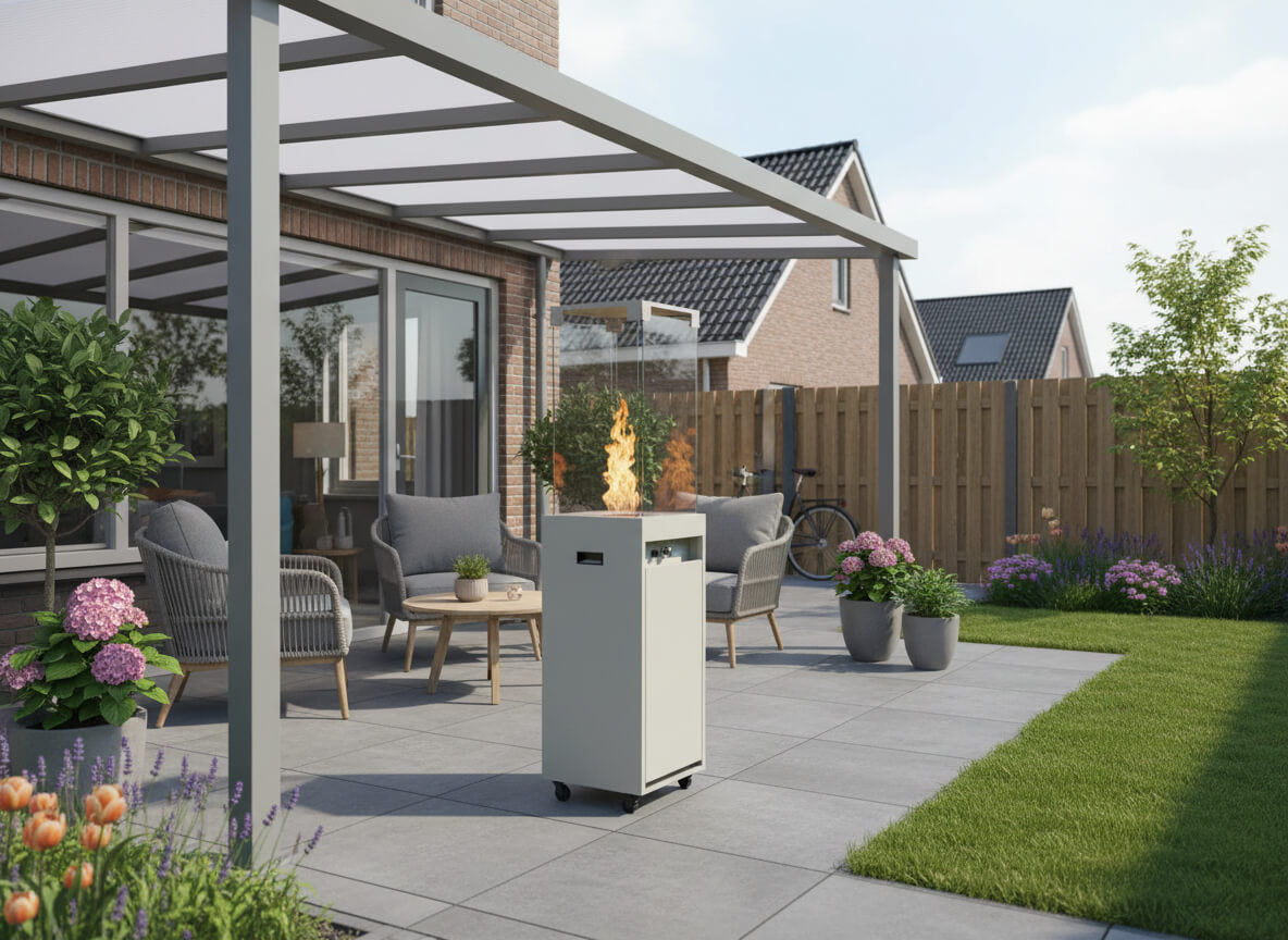 Mobiele buiten gashaard Faro van Planika geplaatst in een groene tuin, luxe warmte en design gecombineerd