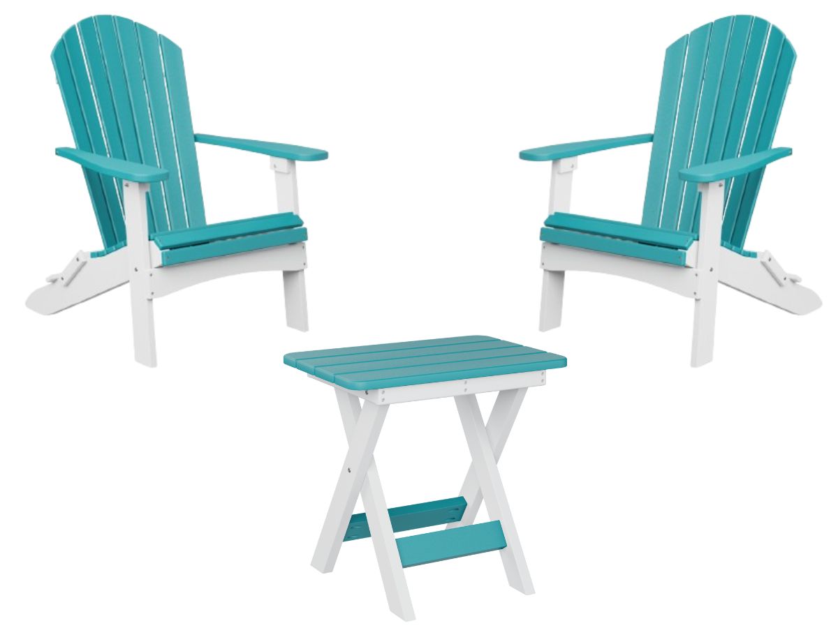 Adirondack stoelen set in Aruba blauw en wit met inklapbare tafel – onderhoudsvrije kunststof tuinset.