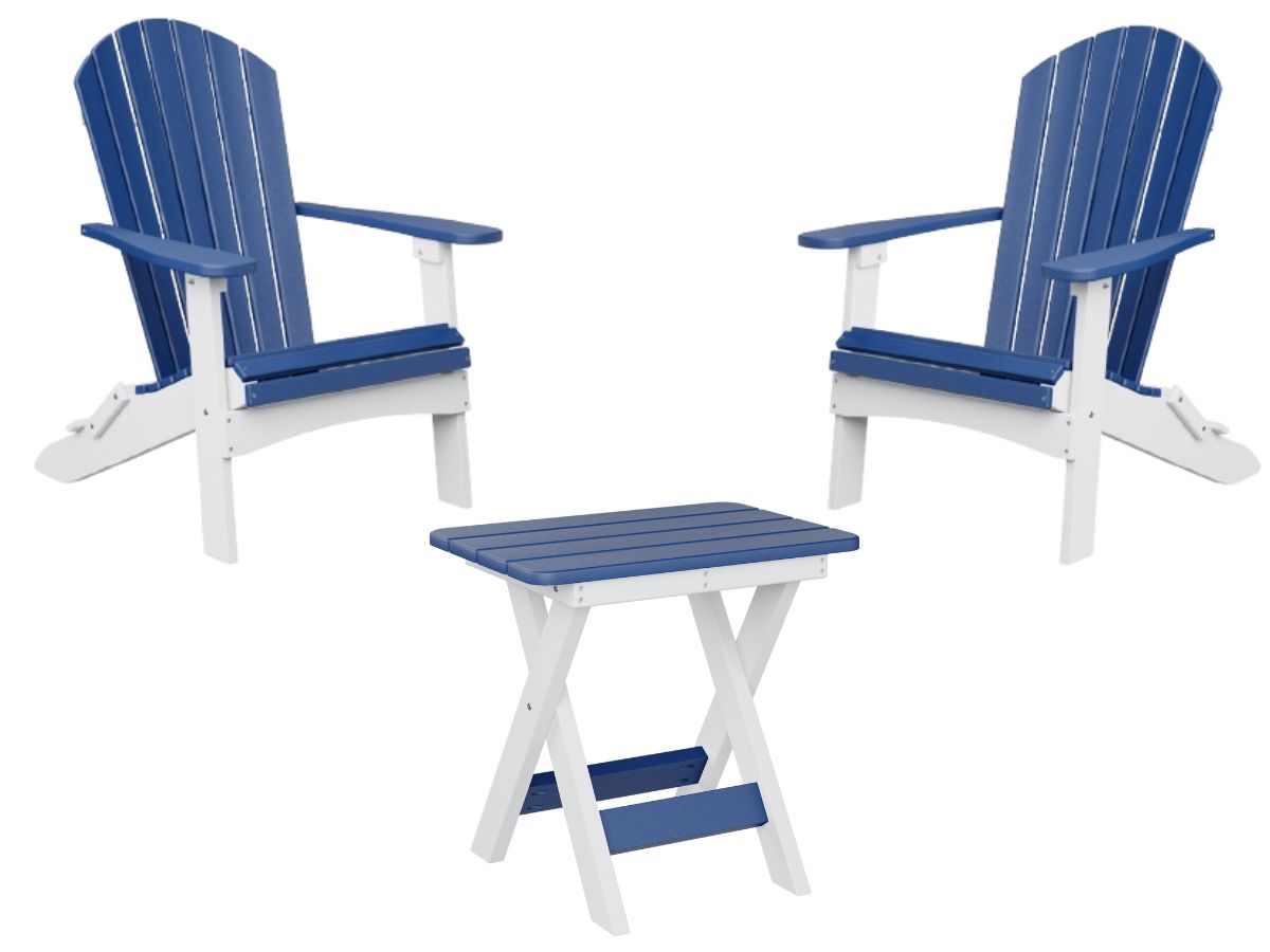 Adirondack stoelen set in blauw en wit met inklapbare tafel – stijlvolle kunststof buitenmeubelen.