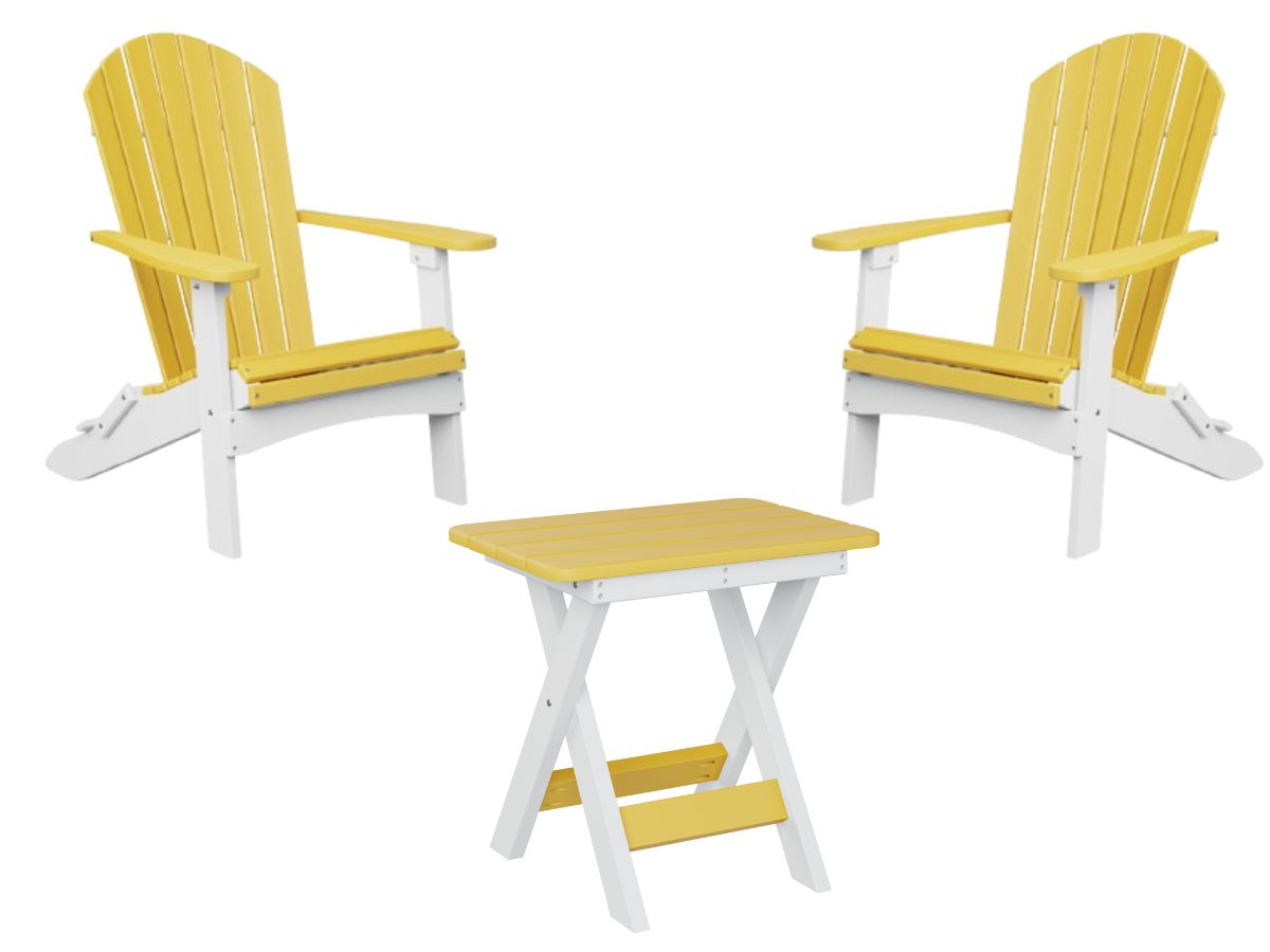 Adirondack stoelen set in geel en wit met inklapbare tafel – duurzame kunststof tuinset van Berlin Gardens.