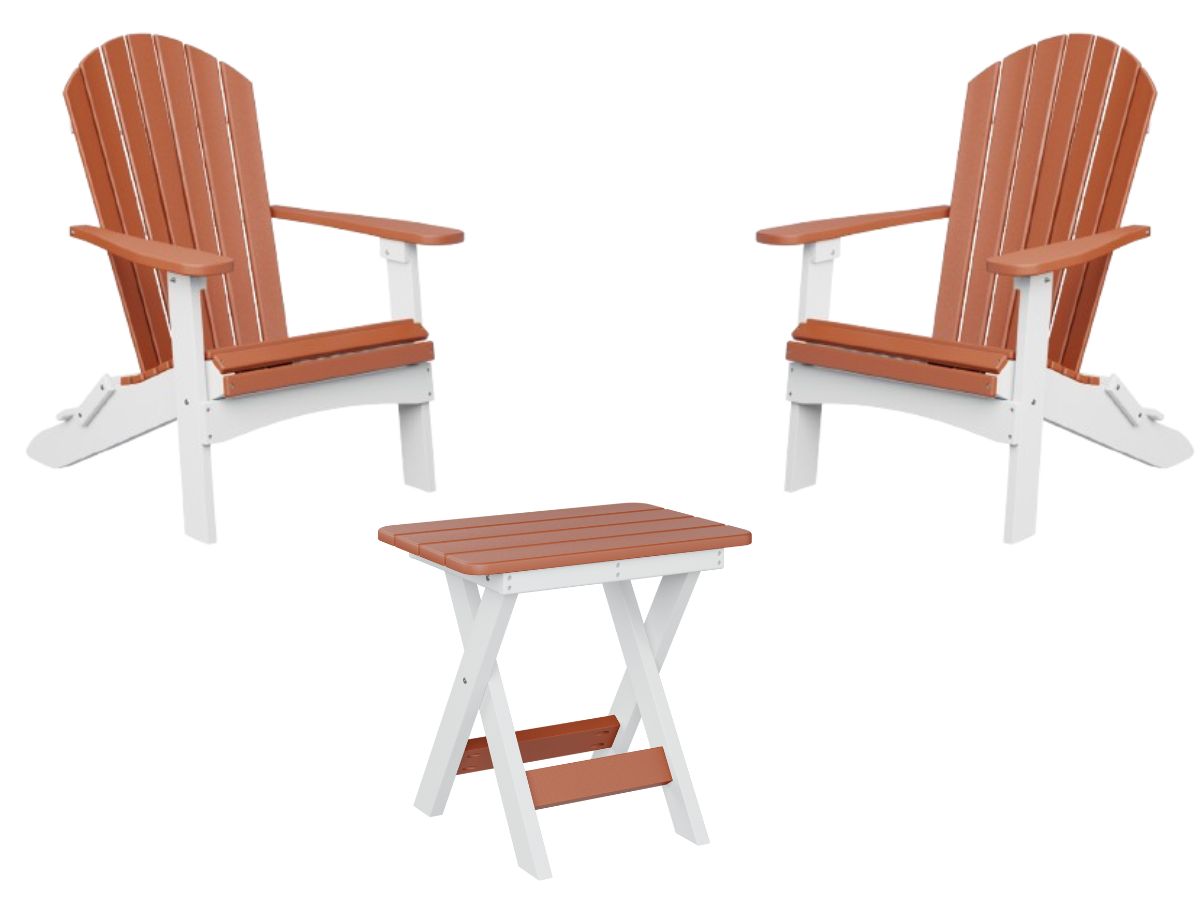 Adirondack stoelen set in oranje en wit met inklapbare tafel – premium kunststof set voor terras of tuin.