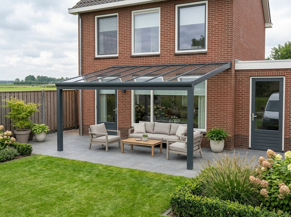 Aluminium veranda met glasdak - 500x300 cm op 2 staanders | Langere overspanning zonder extra kosten