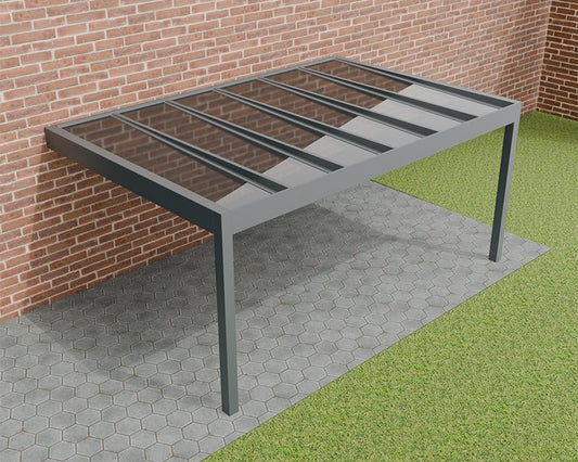 Moderne aluminium veranda Pinela Glas 3x3 meter in antracietkleur met veiligheidsglas en strak kubistisch design.