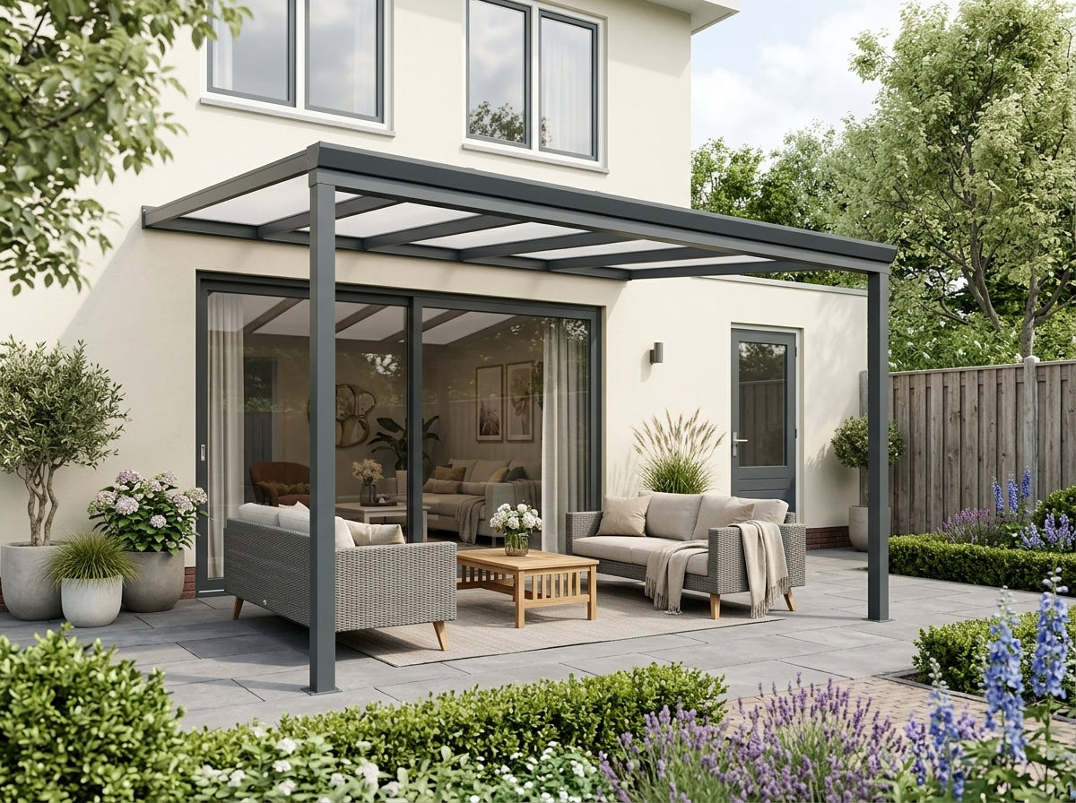 Aluminium veranda met polycarbonaat dak 500x300 cm op 2 staanders