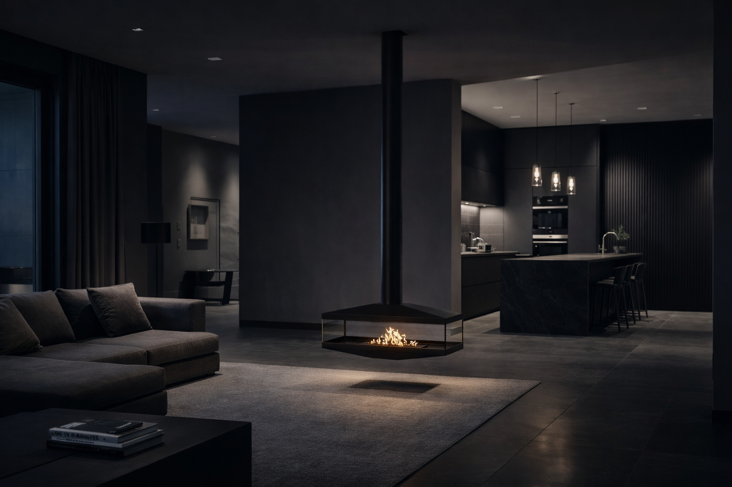 Aura Tube Black See-through Ceiling Fireplace 120 cm