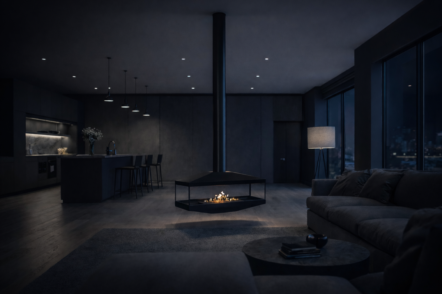 Aura Tube Black See-through Ceiling Fireplace 120 cm