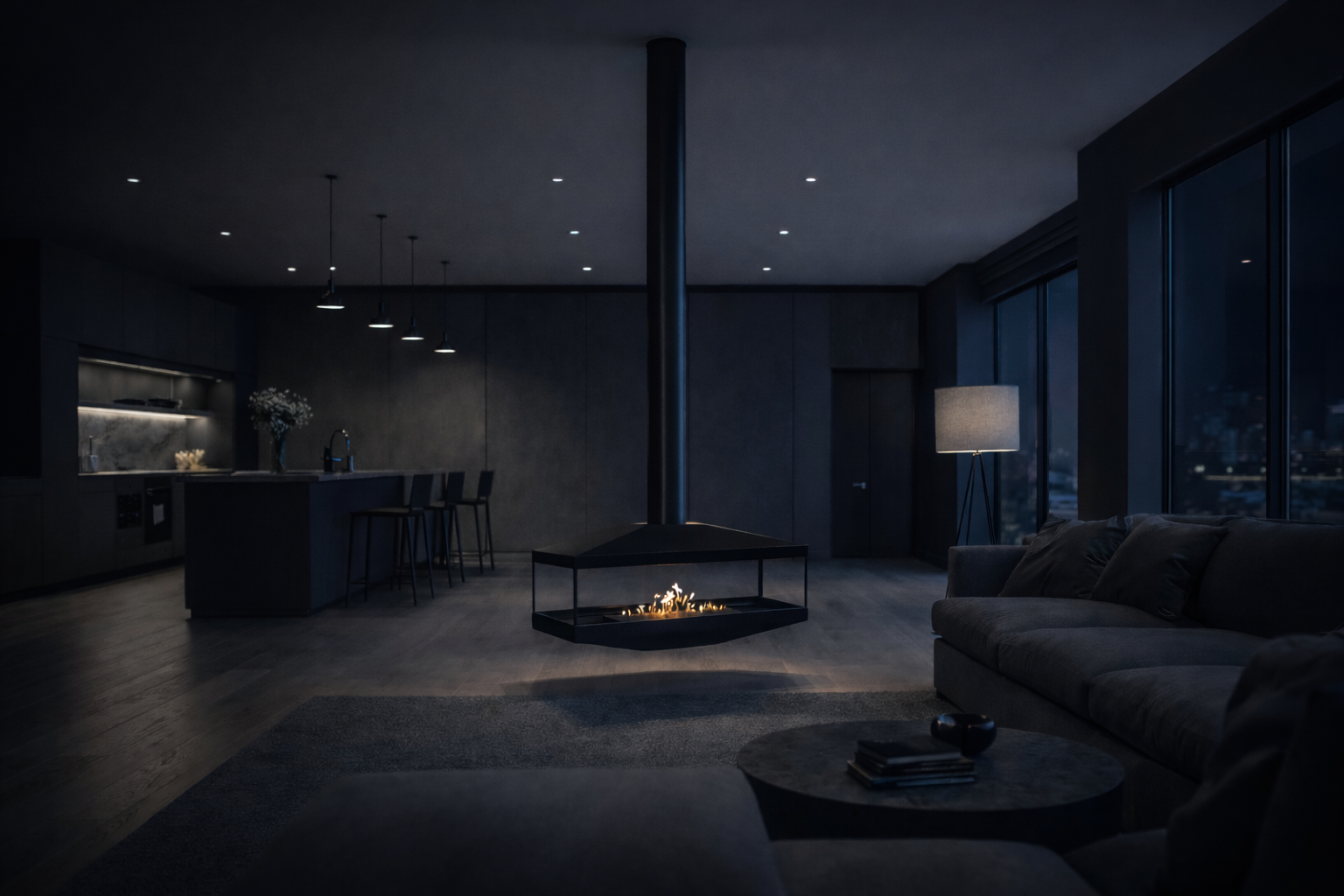 Aura Tube Black See-through Ceiling Fireplace 120 cm