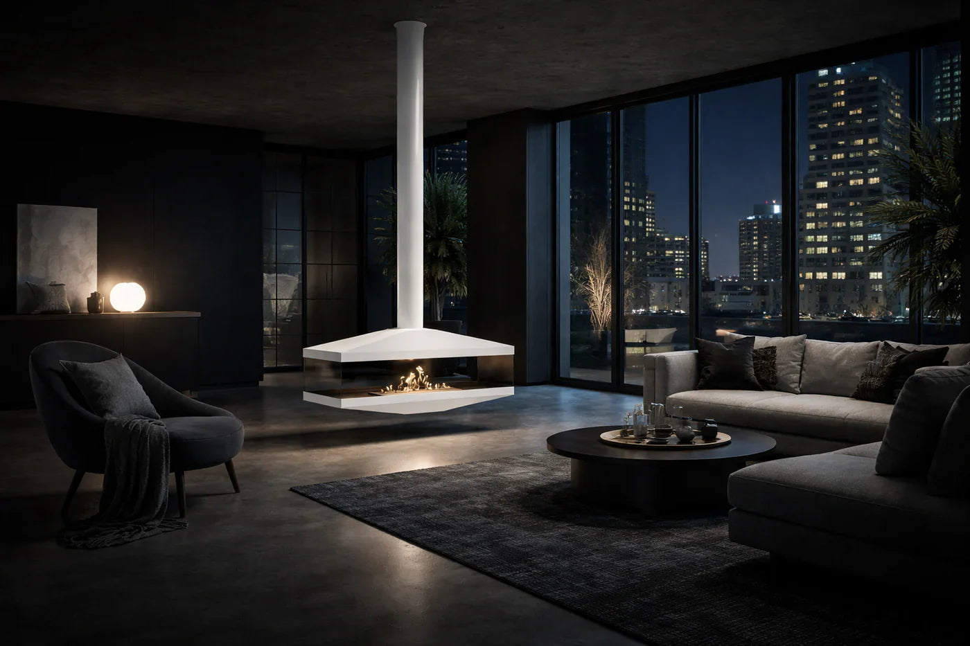 Aura Tube White See-Through Ceiling Fireplace 120 cm