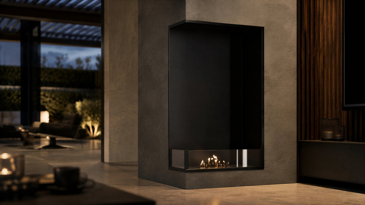 Wild Flame Base verticale bio-ethanol inbouw hoekhaard links 60 x 140 cm – sfeerfoto