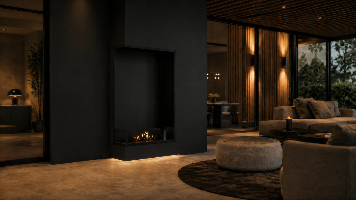 Wild Flame Base verticale bio-ethanol inbouw hoekhaard links 60 x 160 cm – sfeerfoto