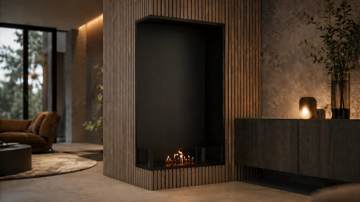 Wild Flame Base verticale bio-ethanol inbouw hoekhaard links 70 x 100 cm – sfeerfoto