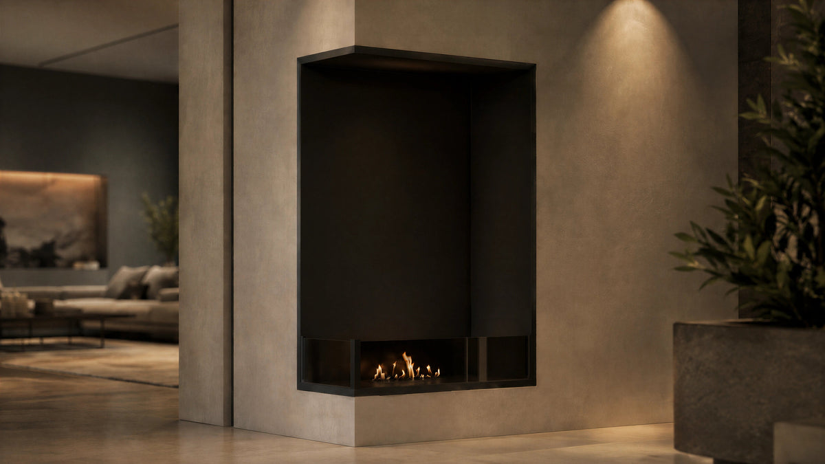 Wild Flame Base verticale bio-ethanol inbouw hoekhaard links 70 x 140 cm – sfeerfoto