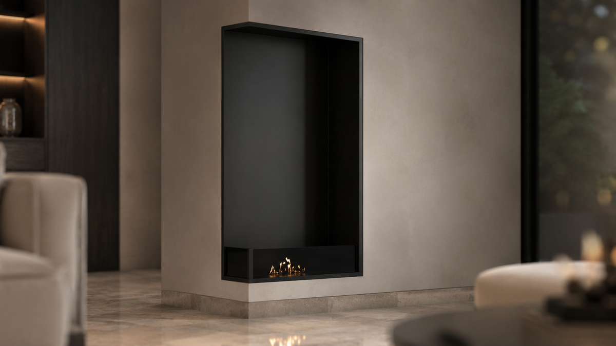 Wild Flame Base verticale bio-ethanol inbouw hoekhaard links 70 x 160 cm – sfeerfoto