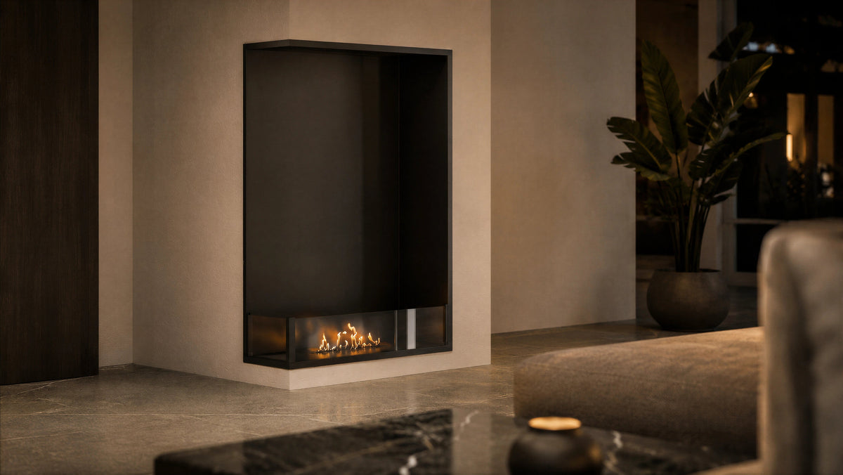Wild Flame Base verticale bio-ethanol inbouw hoekhaard links 80 x 140 cm – sfeerfoto