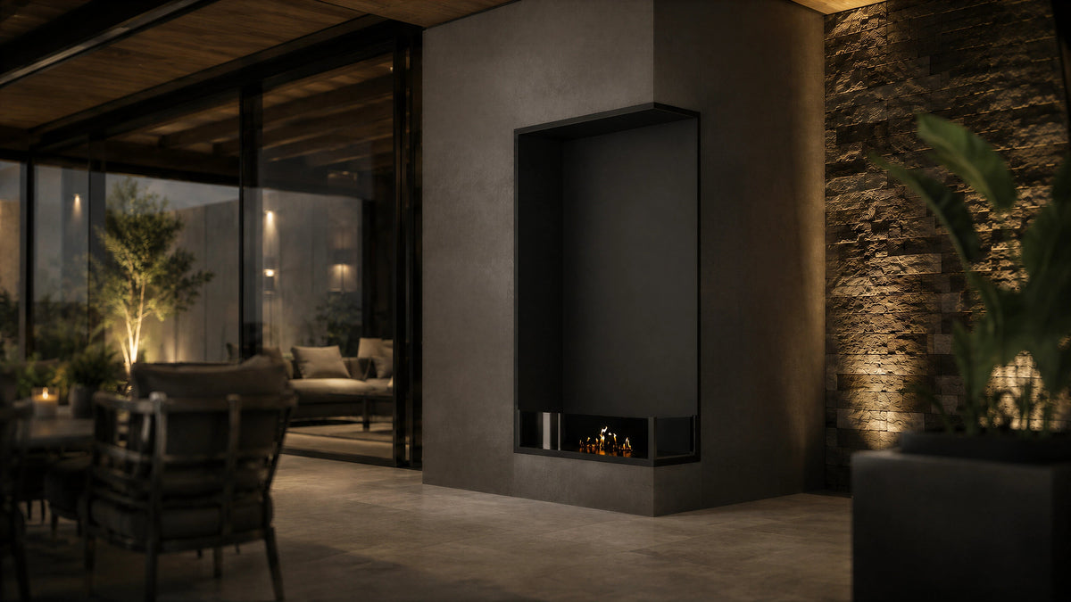 Wild Flame Base verticale bio-ethanol inbouw hoekhaard rechts 60 x 100 cm – sfeerfoto