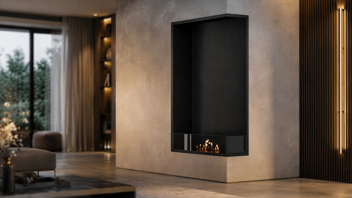 Wild Flame Base verticale bio-ethanol inbouw hoekhaard rechts 70 x 120 cm – sfeerfoto