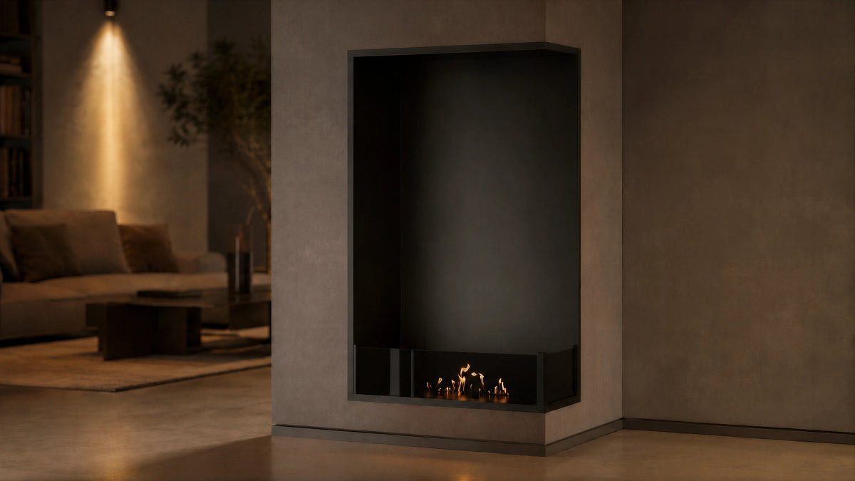 Wild Flame Base verticale bio-ethanol inbouw hoekhaard rechts 70 x 140 cm – sfeerfoto