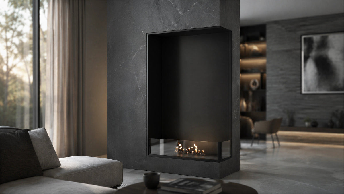 Wild Flame Base verticale bio-ethanol inbouw hoekhaard rechts 80 x 100 cm – sfeerfoto