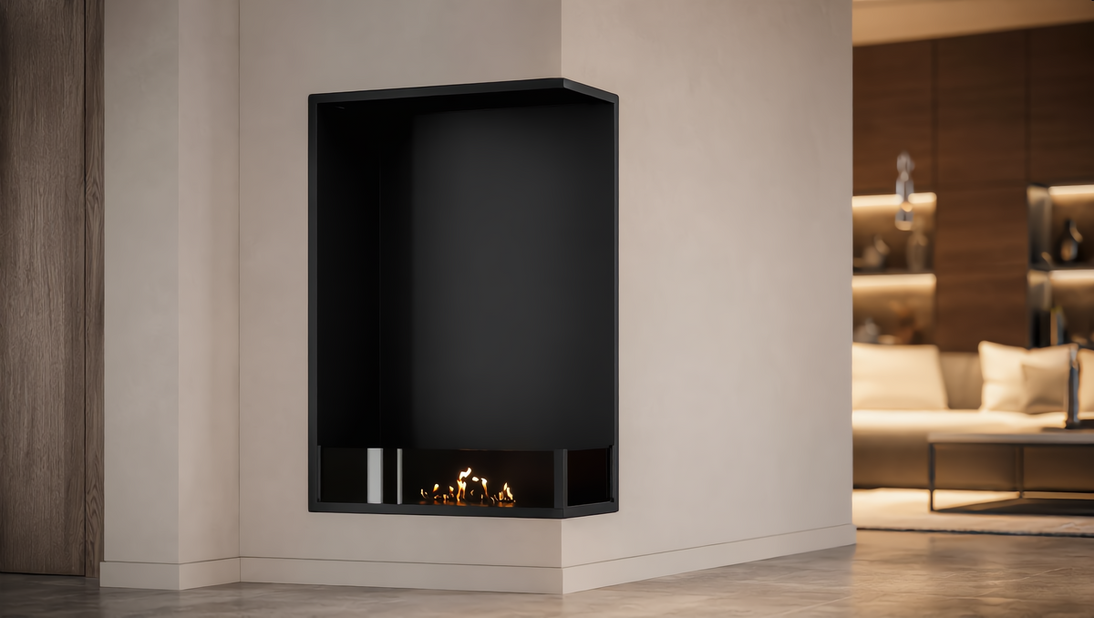 Wild Flame Base verticale bio-ethanol inbouw hoekhaard rechts 80 x 120 cm – sfeerfoto