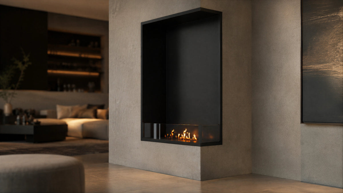 Wild Flame Base verticale bio-ethanol inbouw hoekhaard rechts 80 x 140 cm – sfeerfoto