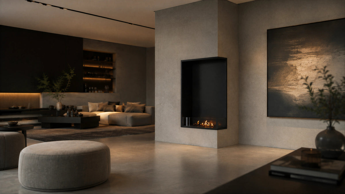 Wild Flame Base verticale bio-ethanol inbouw hoekhaard rechts 80 x 140 cm – sfeerfoto