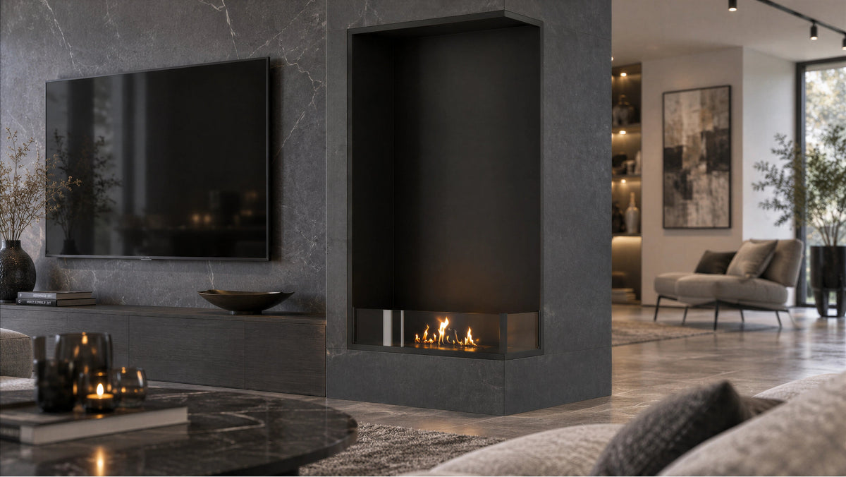 Wild Flame Base verticale bio-ethanol inbouw hoekhaard rechts 80 x 160 cm – sfeerfoto