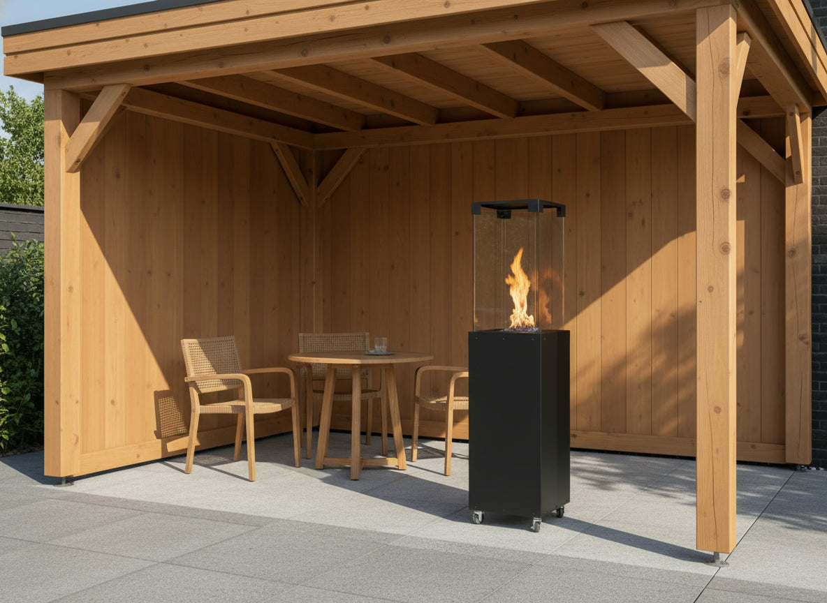 Moderne terrasverwarmer op gas in een luxe tuinsetting met warme vlammen en strak design