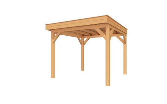 Vrijstaande Douglas houten overkapping van YARD Outdoor met witte wanden, strak design en ruimtelijke uitstraling.