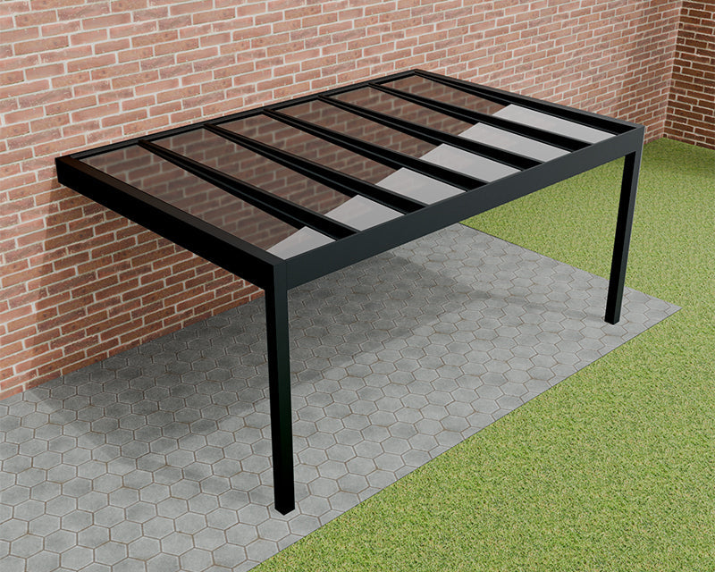 Stijlvolle aluminium veranda Pinela Glas 3x3 meter in zwart met groot glasoppervlak en verborgen regenwaterafvoer.