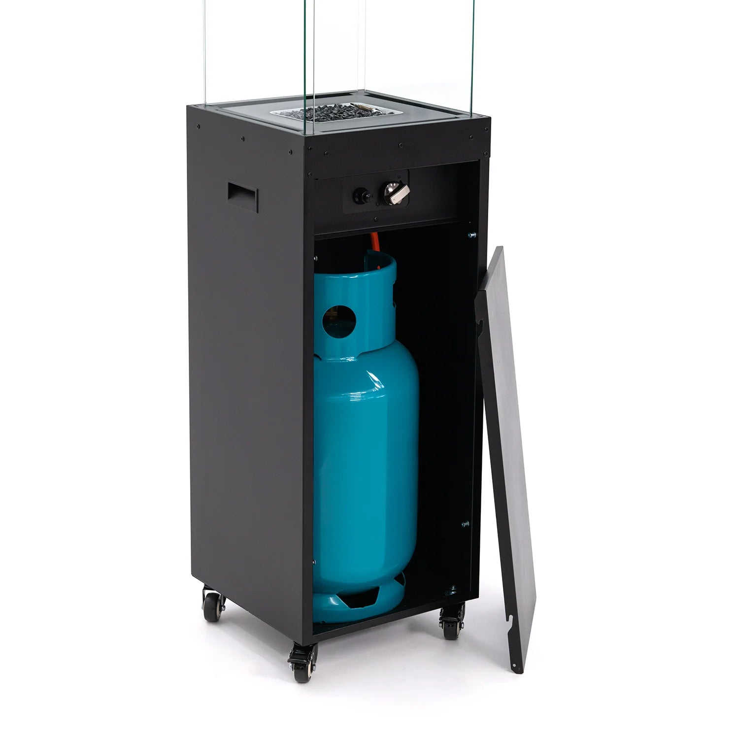 Close-up van de Faro buitenhaard op gas, gezien vanaf de achterkant, met het deksel gesloten om de gasfles discreet te verbergen. Het slanke, moderne ontwerp in gepoedercoat staal straalt elegantie uit, ideaal voor elke buitenruimte.