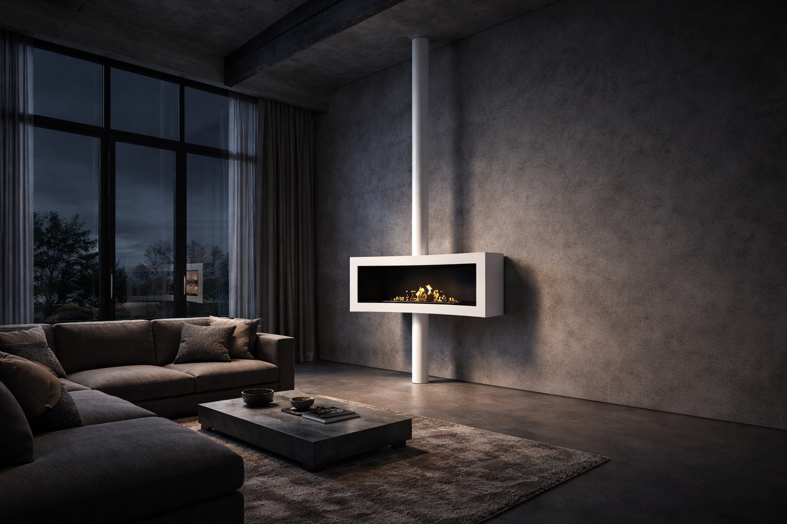 Curve Tube White Ceiling Fireplace 120 cm